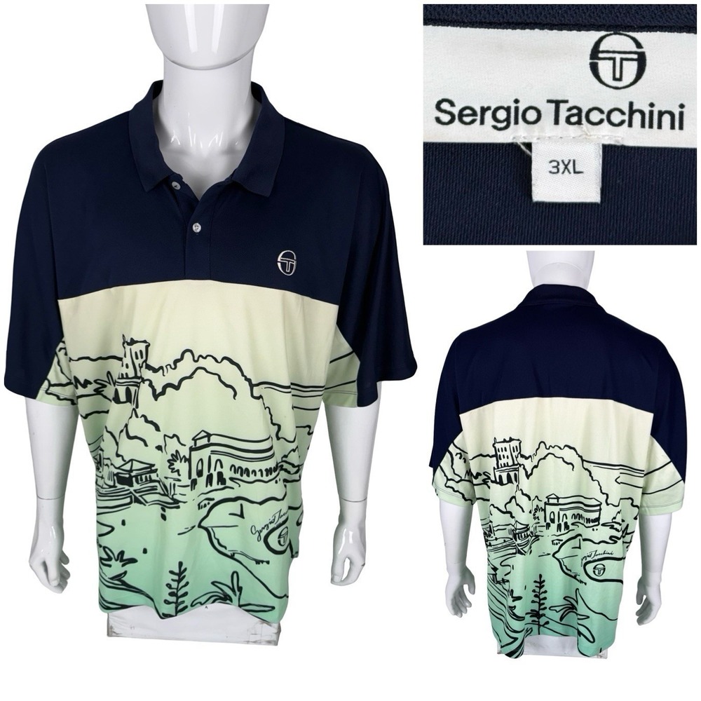 Sergio Tacchini Mens 3XL Polo Shirt Navy Blue Graphic Morte Carlo Colorblock EUC